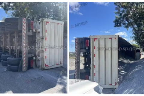 Caminhão tomba na Rodovia Castelinho em Sorocaba, espalha 36 toneladas de brita e interdita faixa da SP-075